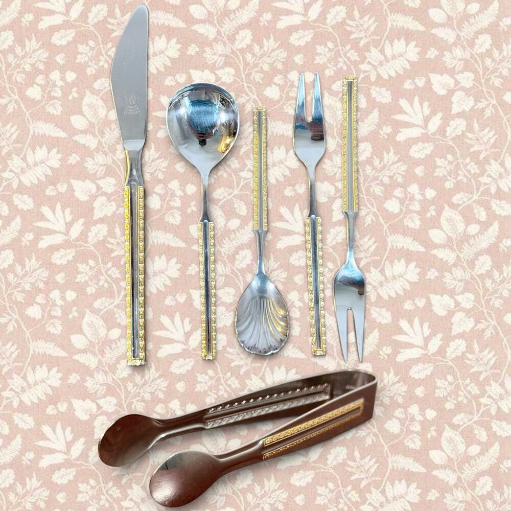 Solingen VTG 18/10 Stainless Steel Gold Trim Knife Cocktail Forks Spoons Tongs
